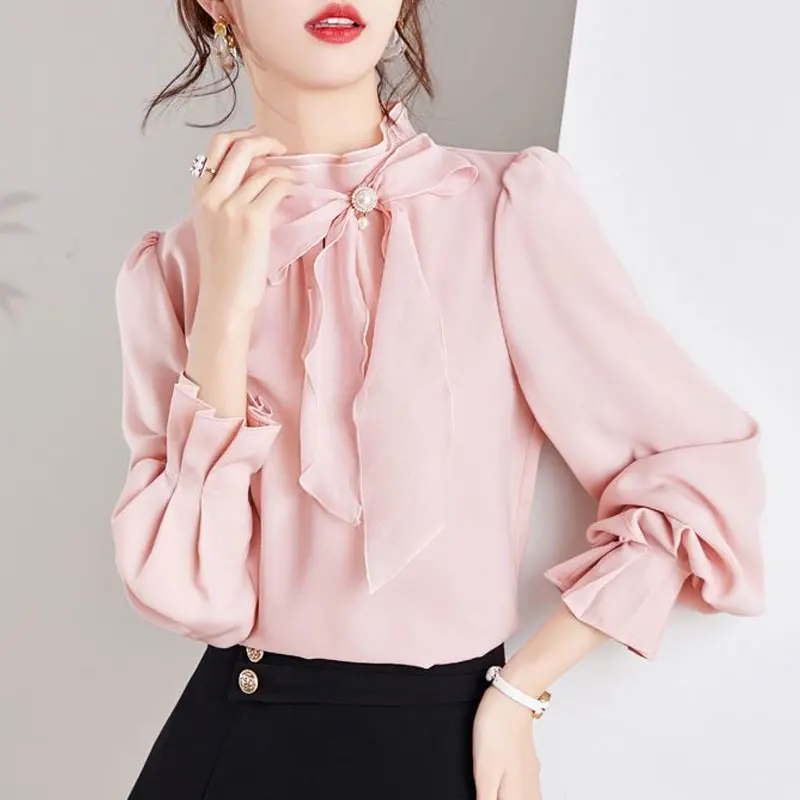 Women\'s Clothing Commute Stand Collar Bow Blouse Basic Solid Color Spring New Fashion Three-dimensional Decoration Ruffles Shirt