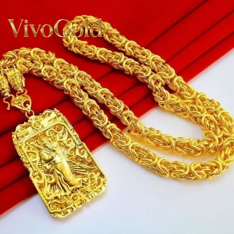VivoGoldMen's 9999 24K Real Gold Dragon Brand Necklace Pendant Bamboo Cloth Pattern Dragon Necklace Domineering Guanyin Guan Gon
