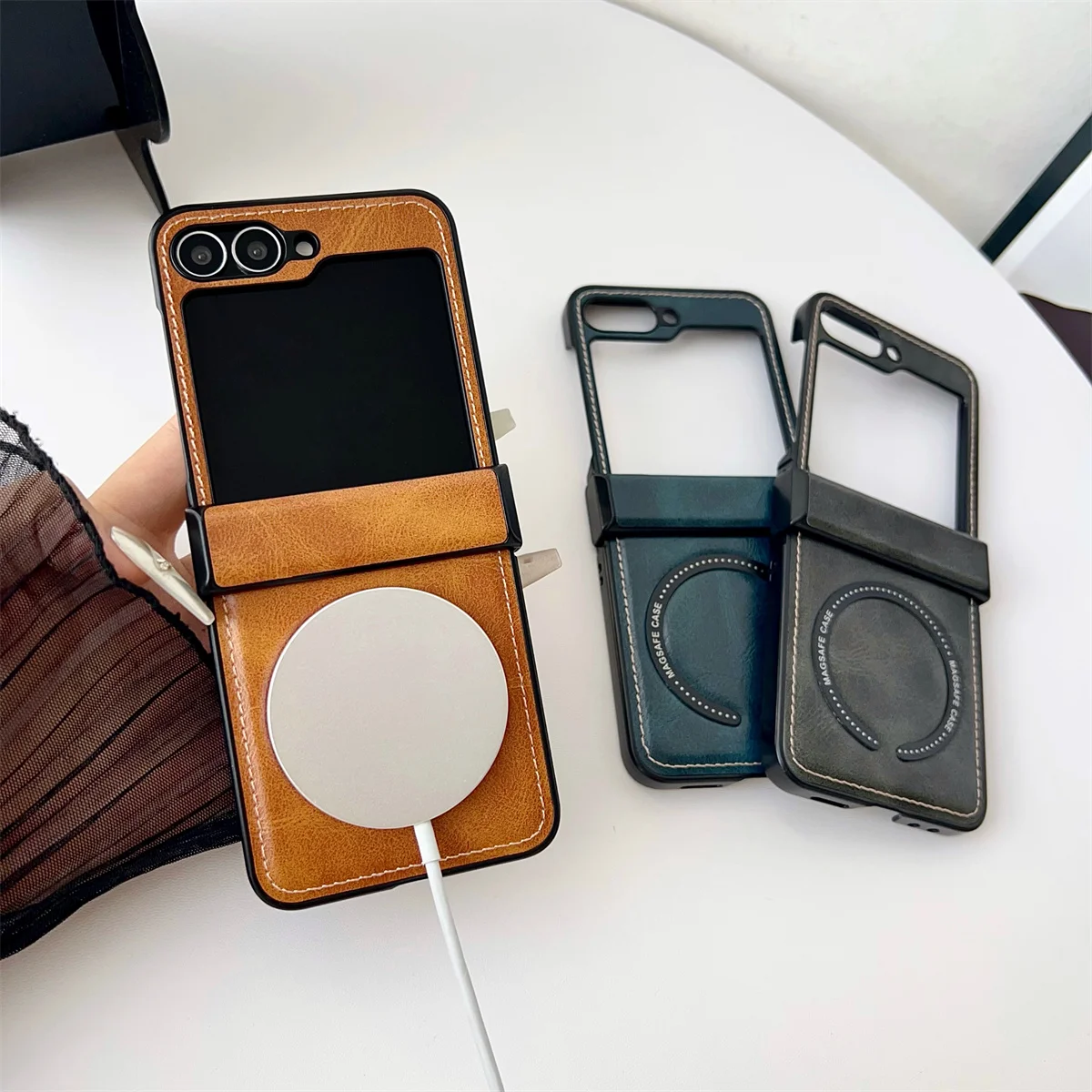 PU Leather Protective Back Cover for Samsung Galaxy Z Flip 7 Phone Case Magnetic Wireless Charging Shell, Z Flip 7 FE 6 5 4