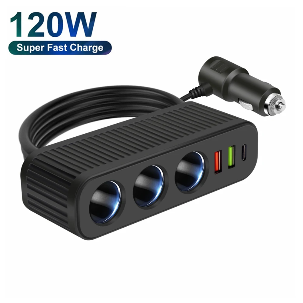 Encendedor de cigarrillos de coche de 12V/24V, cargador de coche de 120W PD QC USB, adaptador de corriente de carga rápida, enchufe multifuncional de uno a cuatro