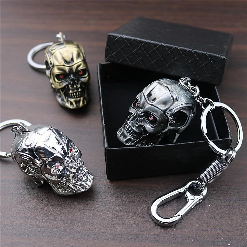 LLavero de cabeza de calavera 3D para motocicletas, Terminator de película, llavero de cara fantasma con esqueleto totalmente metálico para accesorios de joyería para hombres