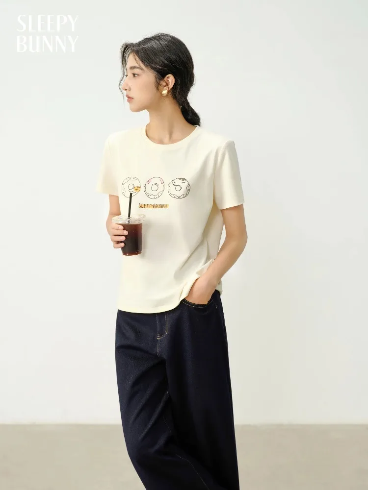 Playful Cute Casual Printed Short Sleeve T Shirt Summer Crewneck Straight Shoulder Youthful Slimming Graphic Tee Top for Women