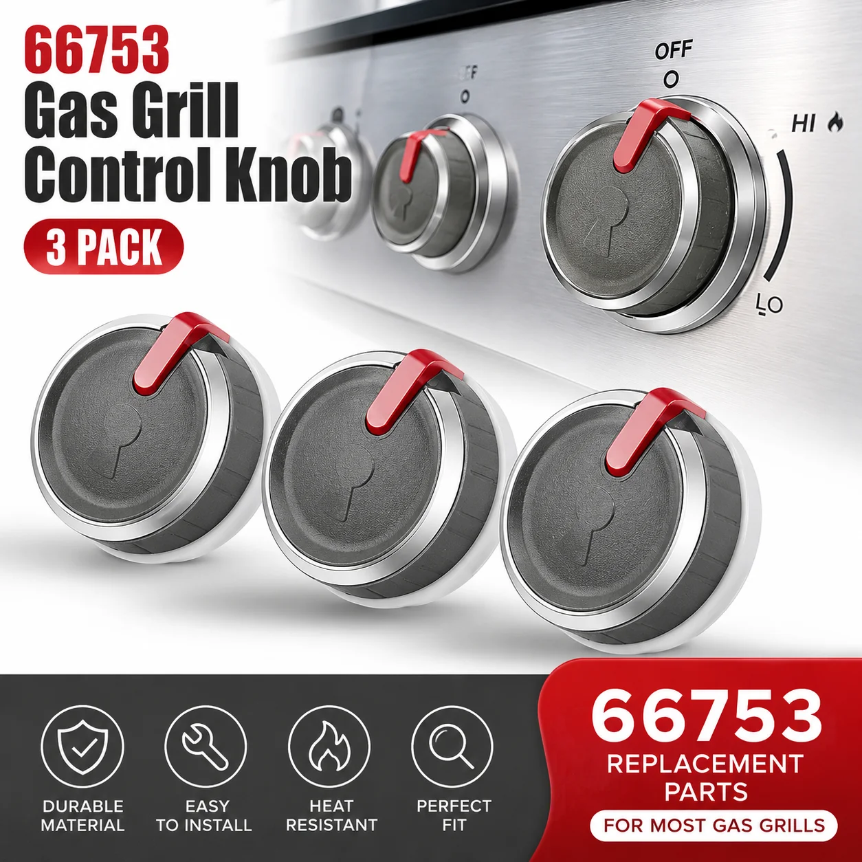 3PCS Grill Control Knob Replacement for Genesis II LX Series, Lighted Burner Knobs, Durable Heat-Resistant Design, 66753