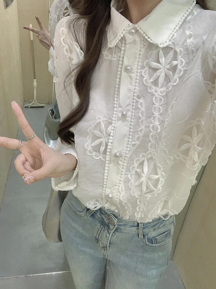 Spring Autumn Hollow Out White Shirt Women Clothing Palace Style Embroidery Lace Fairy Flower Blouse Lantern Sleeve Lace Shirts