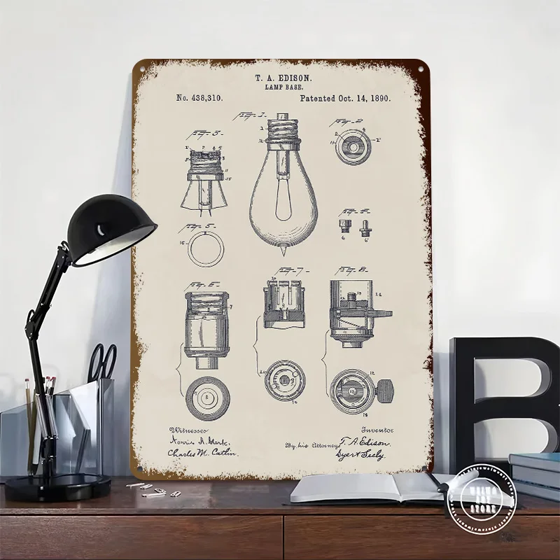 Edison Lamp Base Patent Poster Retro 3D Printed Metal Signs Customized Wall Hanging Gift for Vintage Home Decor Items Wand Deko