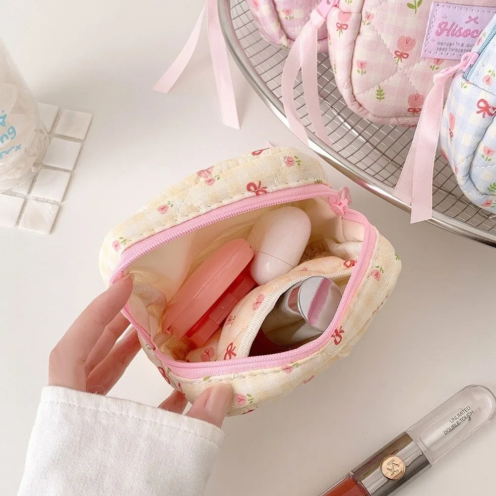 New Quilted Square Cosmetic Bag Ribbon Bow Decor Portable Plaid Makeup Pouch Zipper Closure Floral Print Coin Purse Travel
