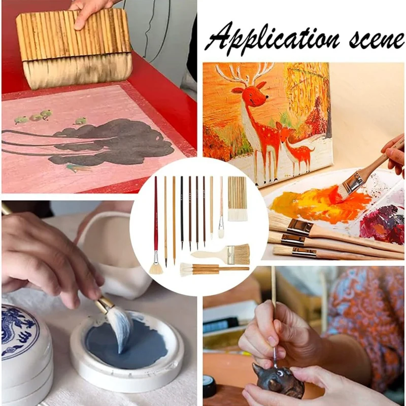 12Pcs Pottery Glaze Brushes Wooden Watercolor Wool Hair Sector Painting Brushes For Drawing Artists Painting Calligraphy