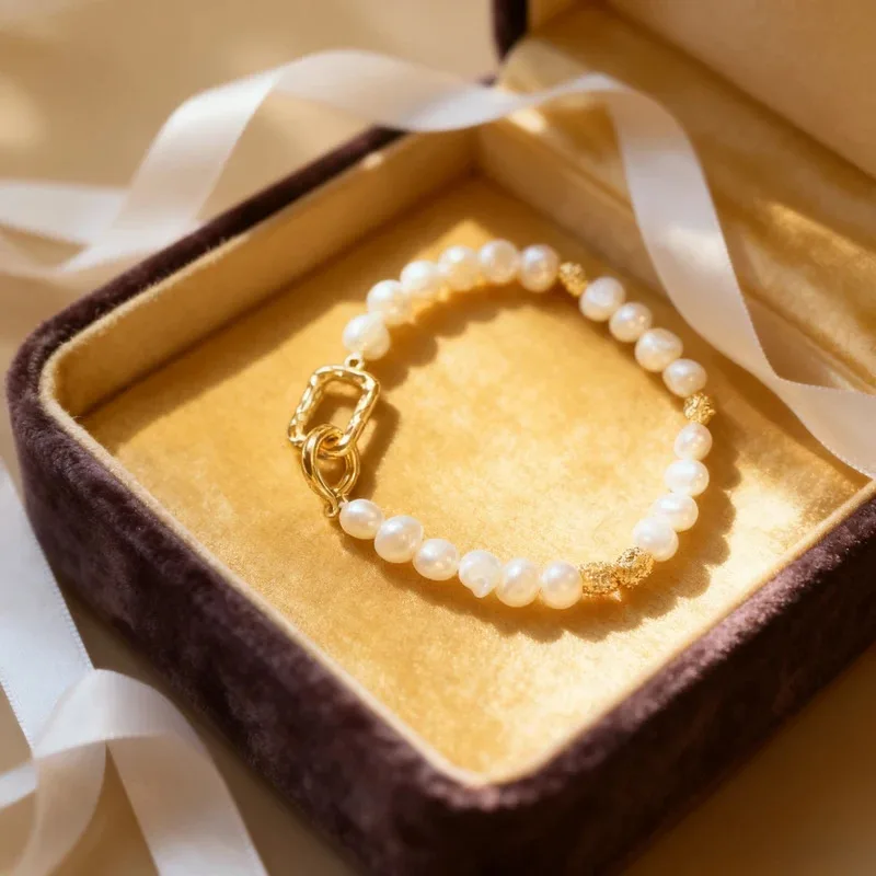 

YISON Baroque Natural Freshwater Pearl Bracelets Geometric Pattern Buckle Hand Bracelets for Women Jewelry Girl‘s Gifts