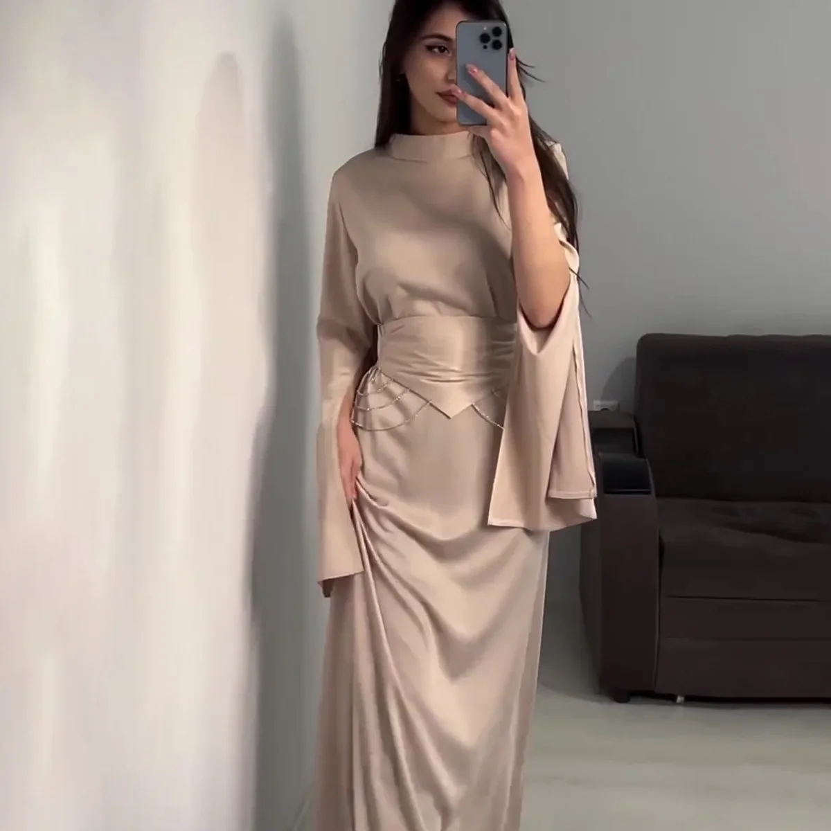 

2024 Spring Summer Long Sleeve Muslim Dress Satin Semi-high-neck Long-sleeved Dress for Women Casual Female Clothing Vestidos