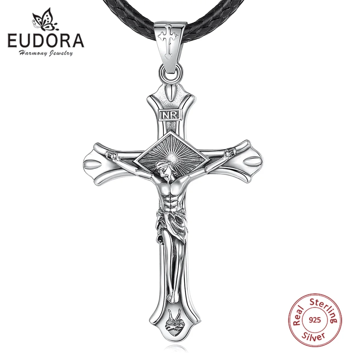 Eudora 925 Sterling Silver Jesus Cross Necklace Vintage crucifix Amulet Pendant Religious Jewelry Personality Gift for Men Women