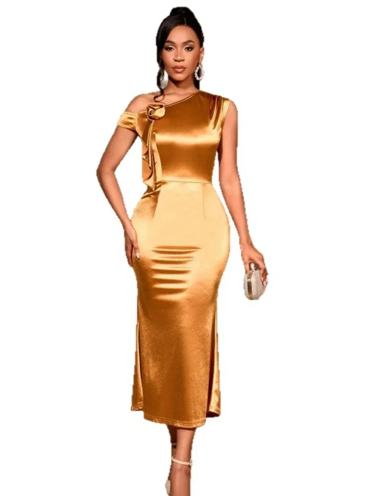 2026 New Elegant Off-the-Shoulder Satin Dress Single-Shoulder Three-Dimensional Flower Slimming Body-Hugging Party Dinner Gown