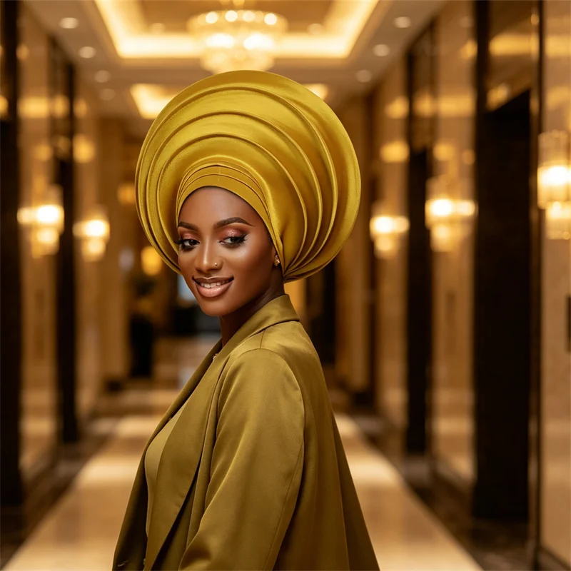 Nigerian Wedding Geles African Headtie Auto Gele Turbans for Women Aso Oke Fabric Muslim Headwear Headpiece Female Head Wraps