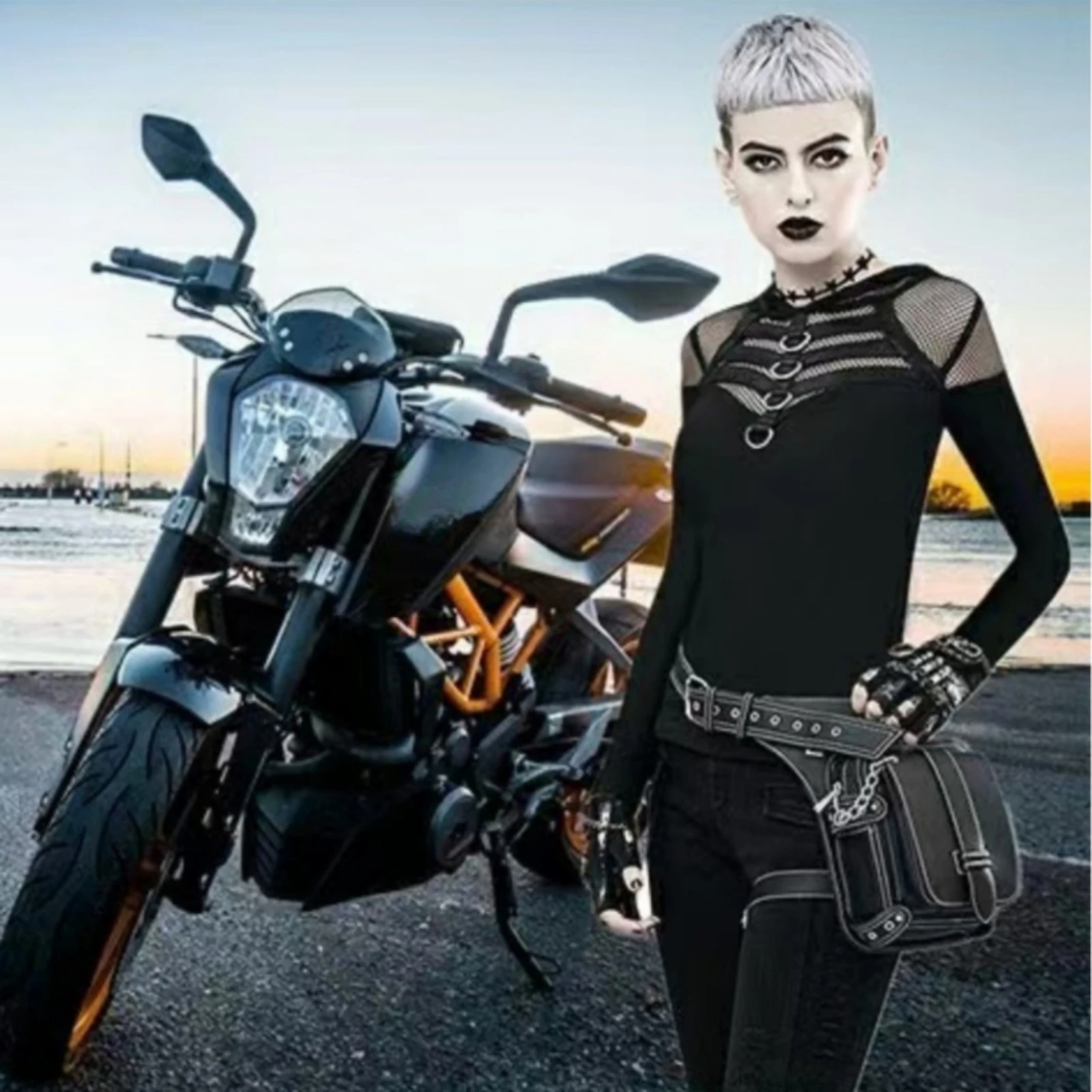 バイク用ウエストバッグ。チェーン付きで、サイズ調整可能なカジュアルなデザイン。バイク乗り、ストリートファッション、フェスティバルに最適。