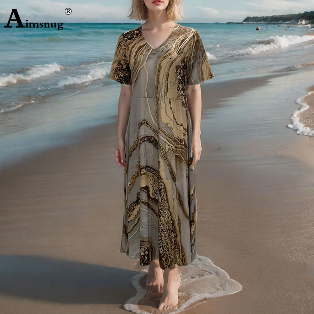 2024 Women Elegant Long Boho 3D Print Dresses England style Vintage Robe Ladies Vintage Maxi Dress Short Sleeve Beach Dresses