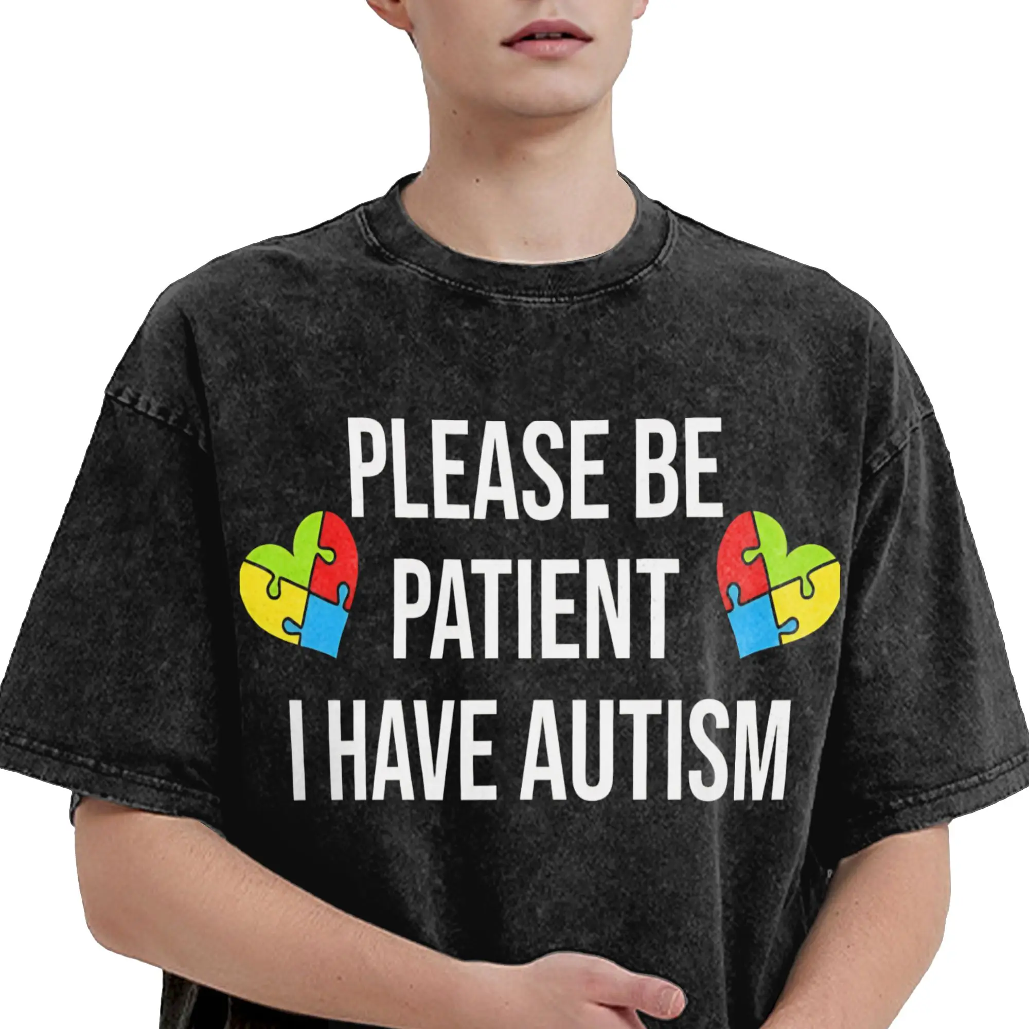 Please Be Patient I Have Autism T Shirts Hip Hop Washed Short Sleeve Harajuku T-Shirts Vintage Men Women Streetwear Graphic Tees