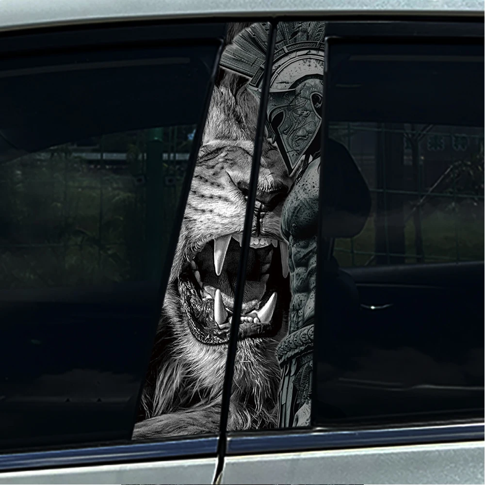 

2PCS Black White Warrior with Roaring Lion Car B Pillar Sticker Waterproof Vinyl Decal Door Column Decor