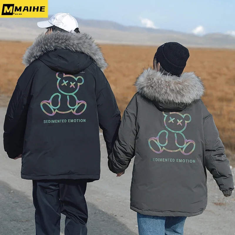 Down Jacket Men's Long Winter Cold-proof Detachable Fur Collar Colorful Bear Padded Jacket Hip-hop Harajuku Couple Hooded Parkas