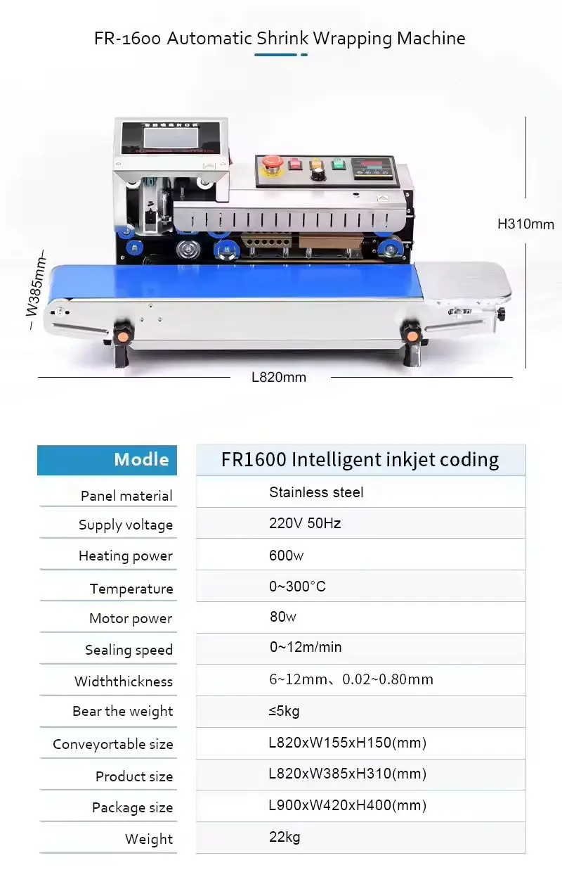 Professional FR1600 Band Sealing Machine Automatic Continuous Heat Sealer for PE PP Foil Bags Plastic Packaging Equipment