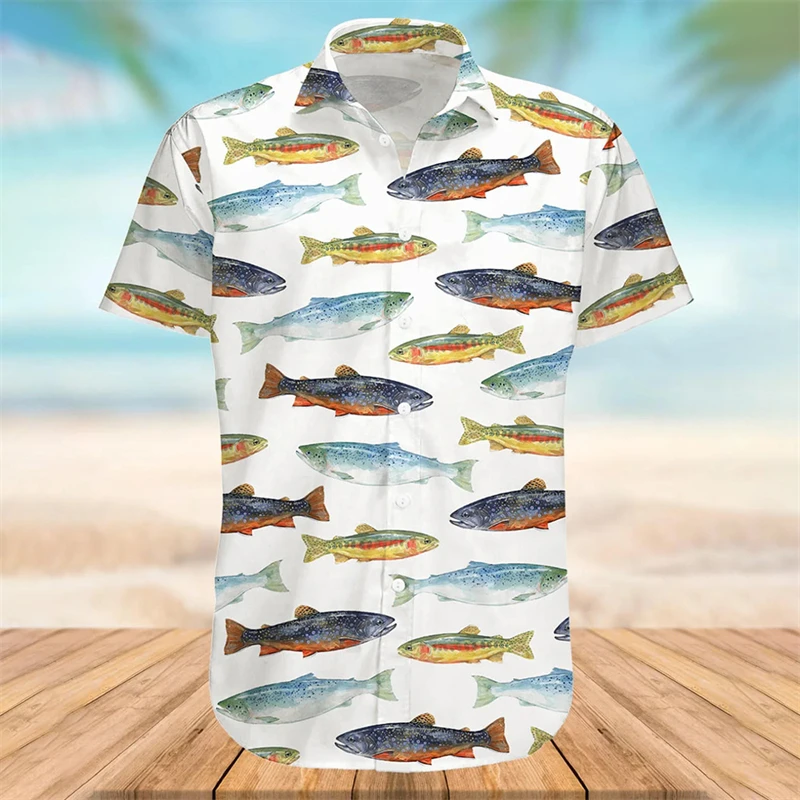 Sea Animal 3d Printed Shirt Men's Harajuku Various Funny Fish Pattern Shirts Hawaiian Street Casual Beach Trendy Button Blouse