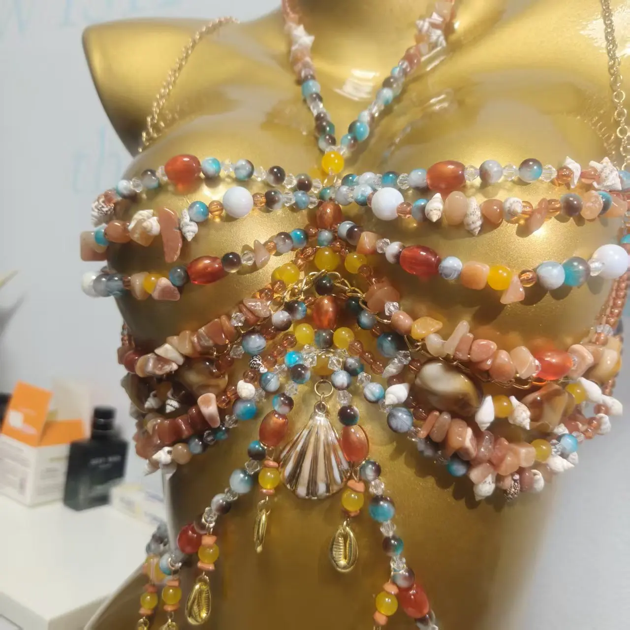 Handmade Fashion Colored Beaded Top Women's Top Hollow Neck Hanging Body Chain Music Festival Chest Chain Accessories