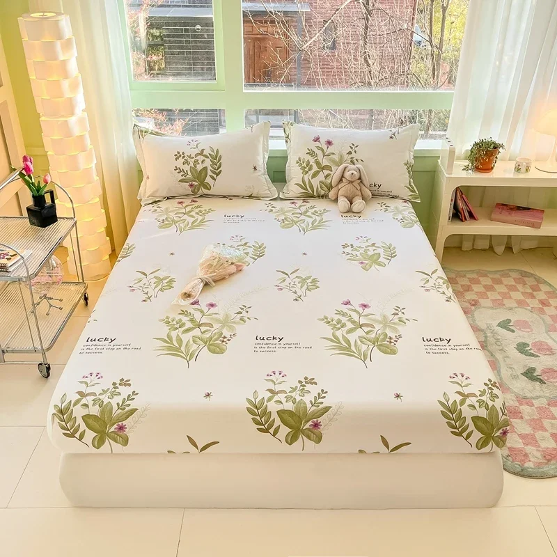 

Floral Fitted Sheet Cotton Botanical Print Bed Sheet Garden Plants Herbs Flowers Bed Cover with All-Round Elastic Deep Pocket