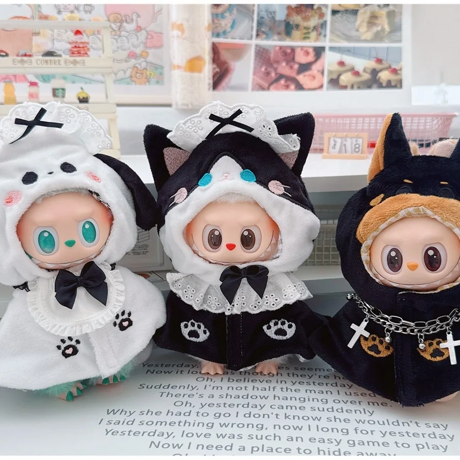 

Кукольная одежда для 15/17 см Labubu, животное, горничная, черный кот, белая собака, шаль, плащ, плюшевая хлопковая кукла-идол, универсальные аксессуары для косплея