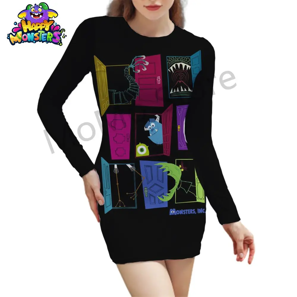 Sexy Women's Long Sleeve Hip Dress Disney Monsters Inc. Streetwear O Neck Lovely Y2k Youthful Woman Clothes 3D Print 2024 S-2XL