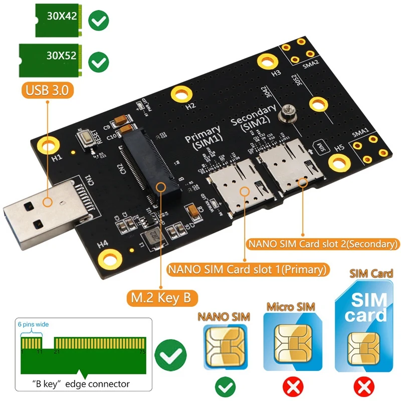 Dual SIM To USB Adapter Card M.2 Key B To USB3.0 Adapter Expansion Card With Dual NANO SIM Card Slots