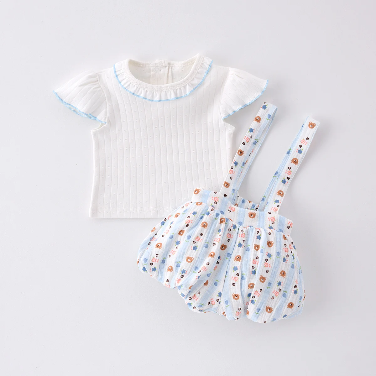 

Season thin baby short sleeved two-piece cotton baby girl booty jacket suspenders princess suit