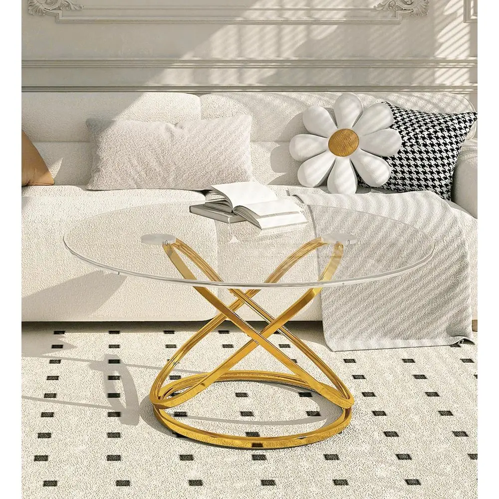 Modern 39.4 Round Glass Coffee Table with Gold Ring Frame for Living Room