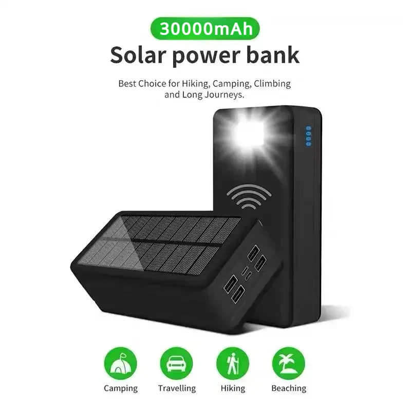 Solar Power Bank 30000mAh Solar Charging Mobile Phone Wireless Charging Large Capacity Battery External Battery Fast Charging