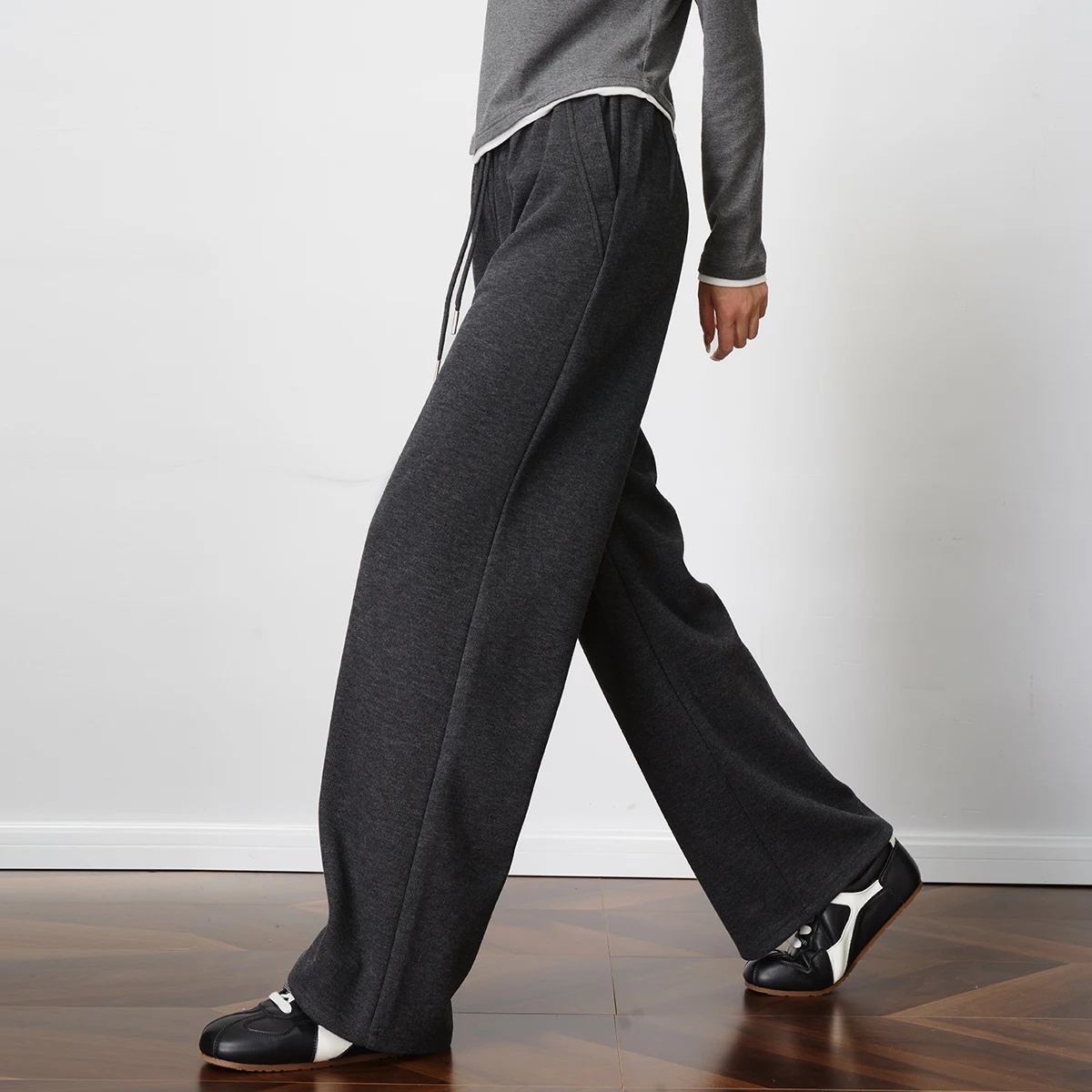 

OLrain Women Solid Midi Pants 2025 Autumn New Elastic Waist Knitted Pant Versatile Wide Leg Trouser Women's Clothes O57QK001131