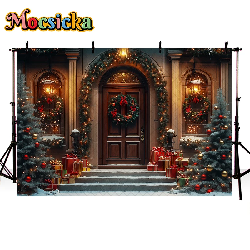 Mocsicka Christmas Backdrop Photography Wooden Door Winter Glitter Xmas Tree Decor Holiday Party Kids Portrait Photo Background