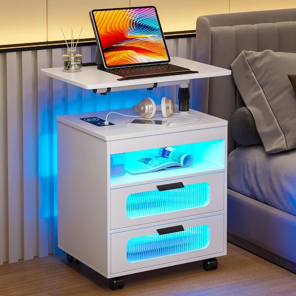 

Bedside Table With Wireless Charging Station Furniture Sensor Lights/wheels LED Bedside Table With Adjustable Swivel Workstation