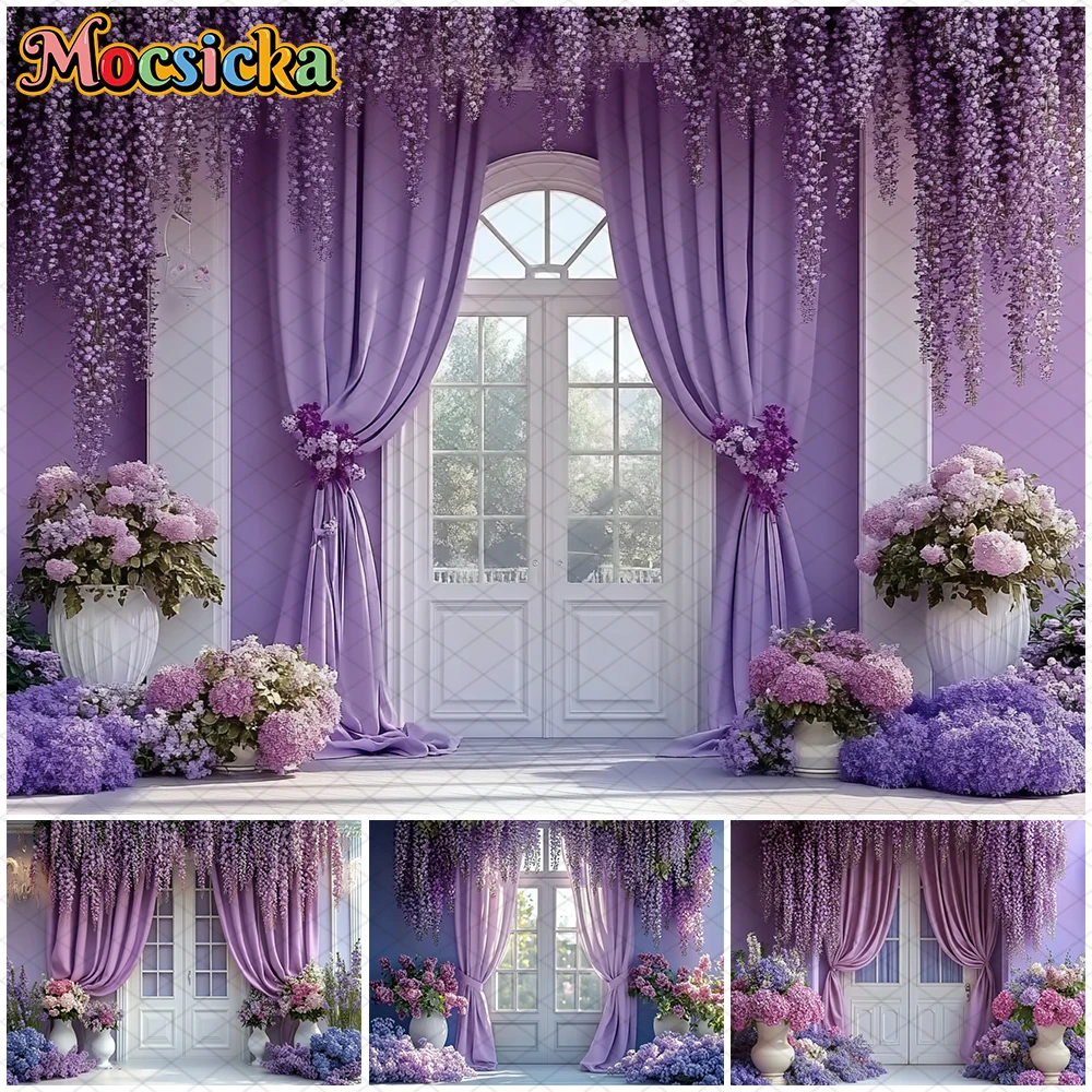 

Mocsicka Spring Party Photo Backdrop Purple Flowers Vine Curtains Picture Decor Birthday Photography Background Studio Wallpaper