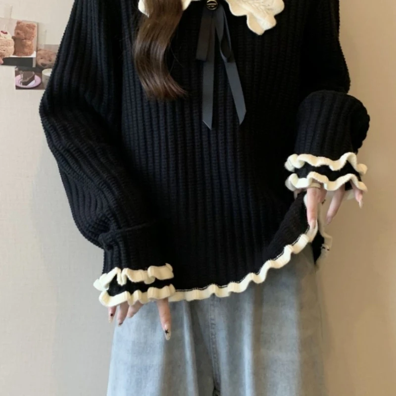 Korean Fashion Sweet Black Sweater Autumn Doll Collar Long Sleeved Wooden Ear Women Knitted Tops Loose Casual Pullovers Knitwear