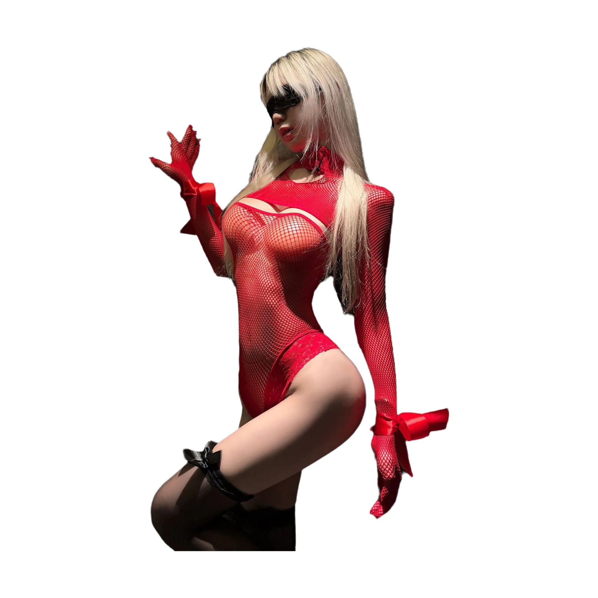 Sexy Fishnet Solid Color Bodysuits Hot Sexy Collar Mesh Bodysuits For Women Pure Desire Charming Bodysuits Transparent YEEY