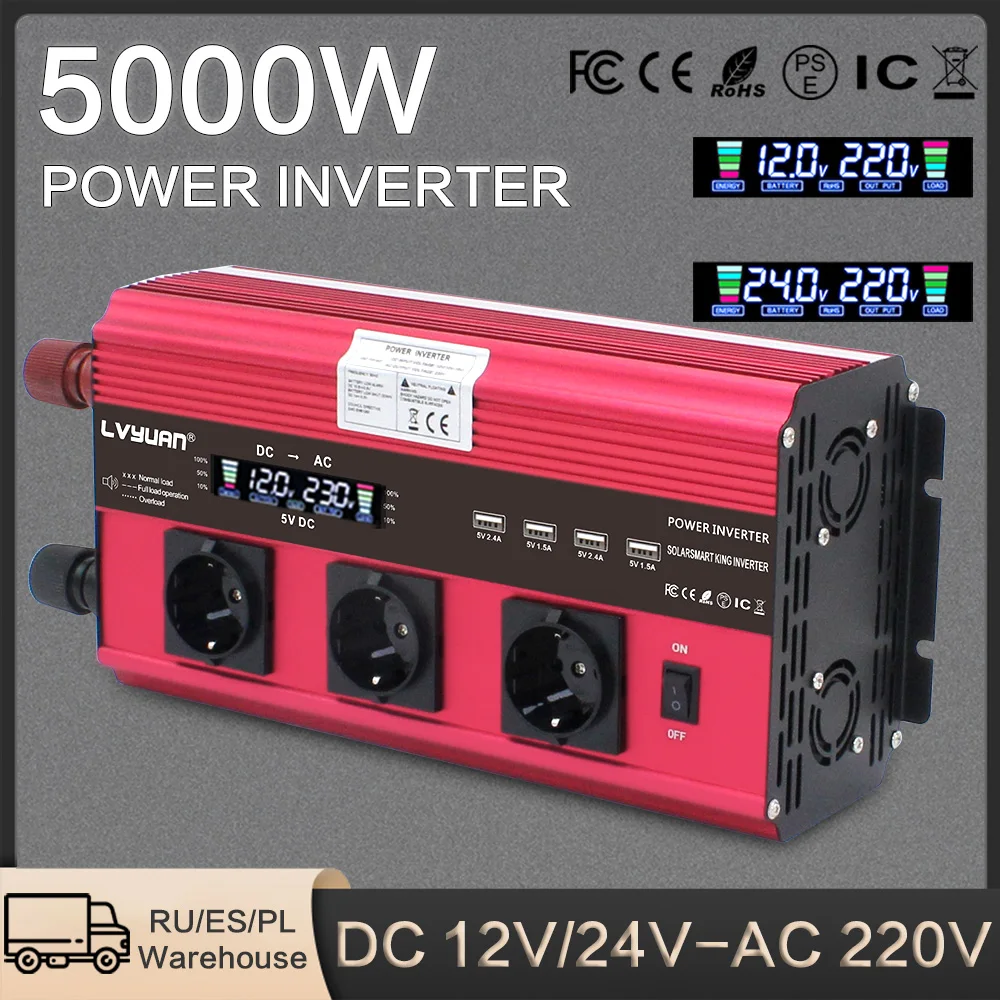 

Lvyuan 5000W Peak Power 12V/24V Inverter for 220V Car Electrical Devices 4USB Multi-Socket LCD Display Pure Sine Wave Converter