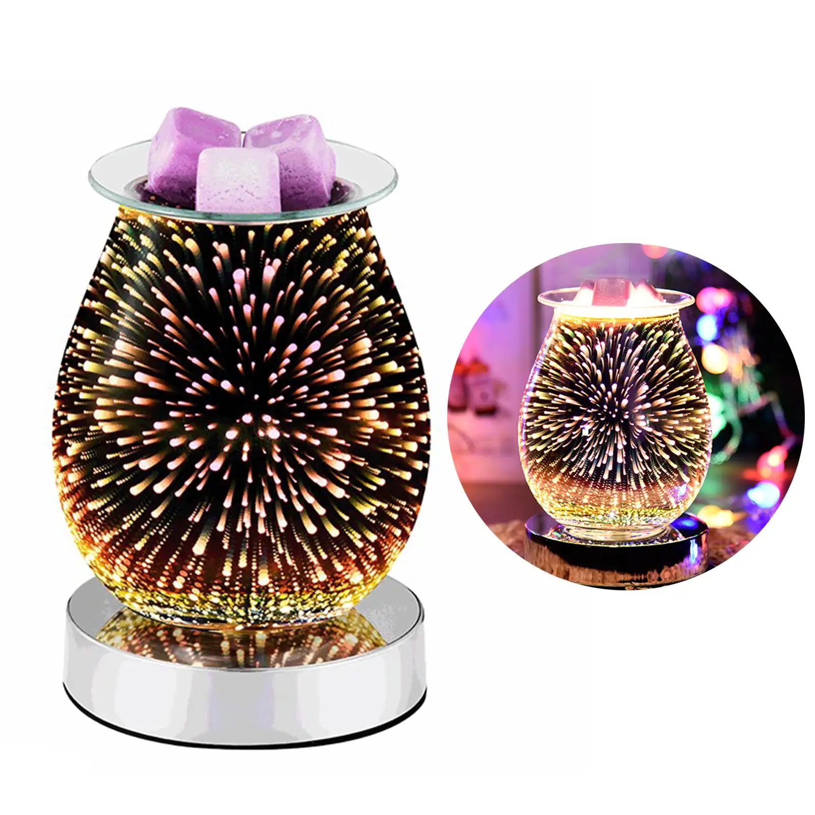 Glass Essential Aroma Oil Diffuser Electric Candle Warmer Glass Wax Melt Warmer 3D Firework Night Light Burner Aroma Home Decor