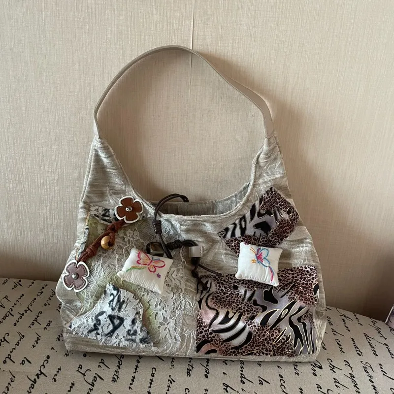 

Niche New Chinese Style Leopard Print Lace Butterfly Tote Bag Vintage Artistic Large Capacity Сумка Женская Y2kHandbag for Women