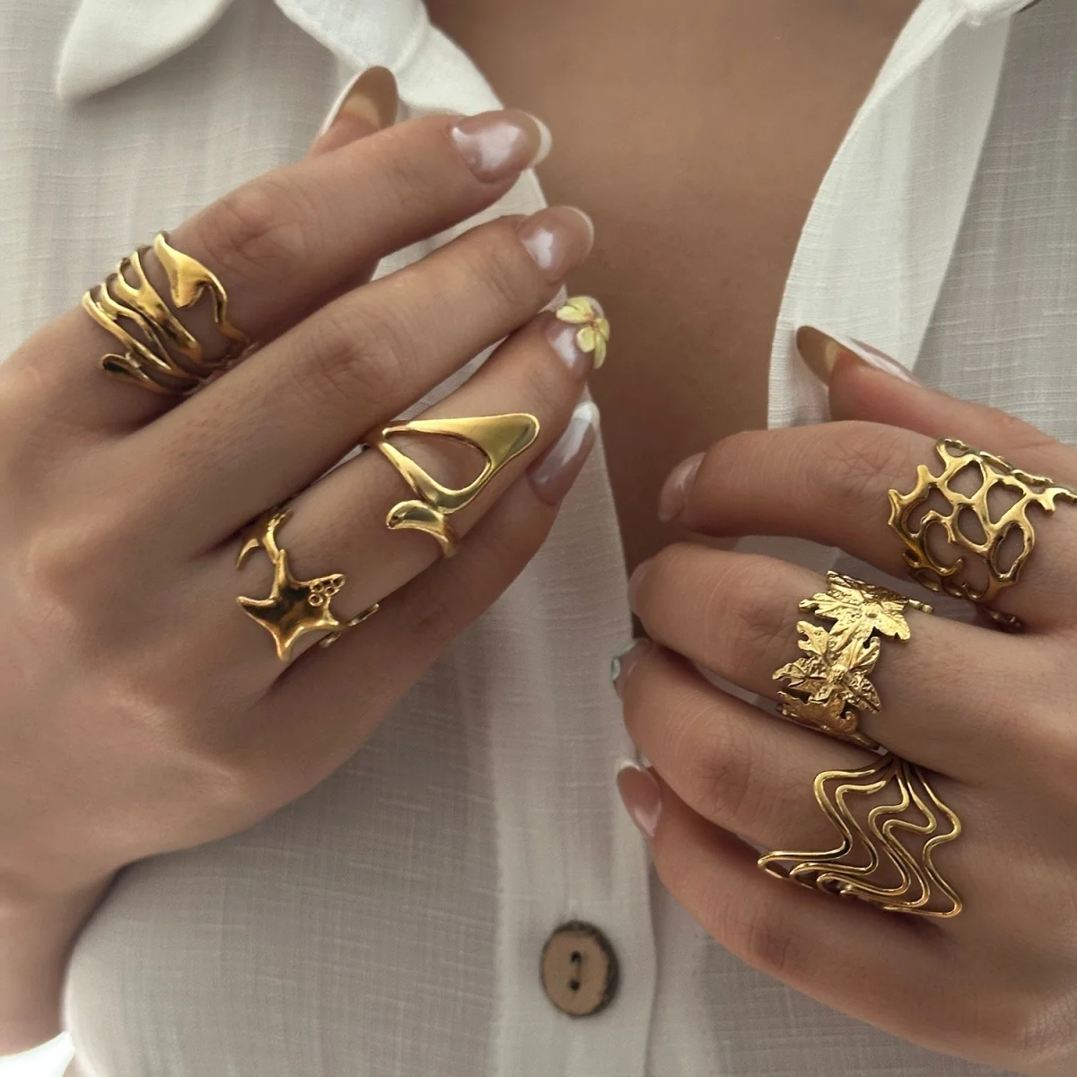 Edelstahlringe mit unregelmäßigen Wellen, Korallen, Seesternen und Blumen für Damen und Herren, Retro-Punk, florale Blätter, geometrische Linien, Boho-Schmuck – Detail 13