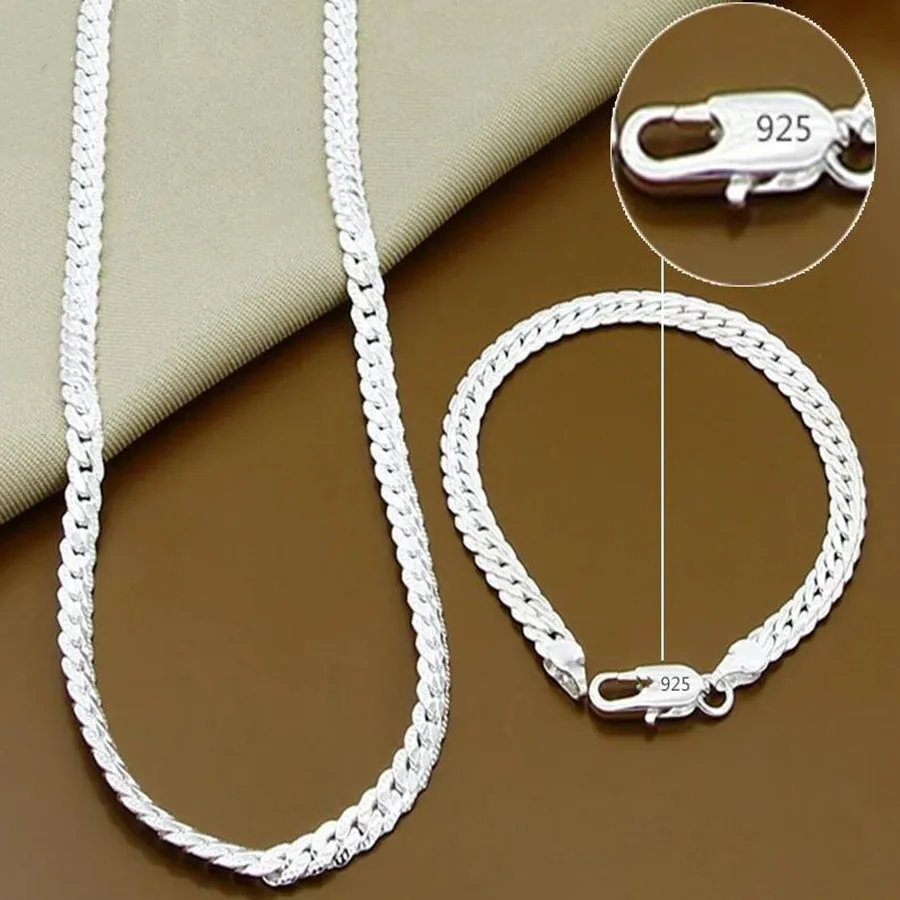 925 Sterling Silver 2 Piece 5MM Full Sideways Chain Necklace Bracelet For Women Men Fashion Jewelry Sets Wedding Gift