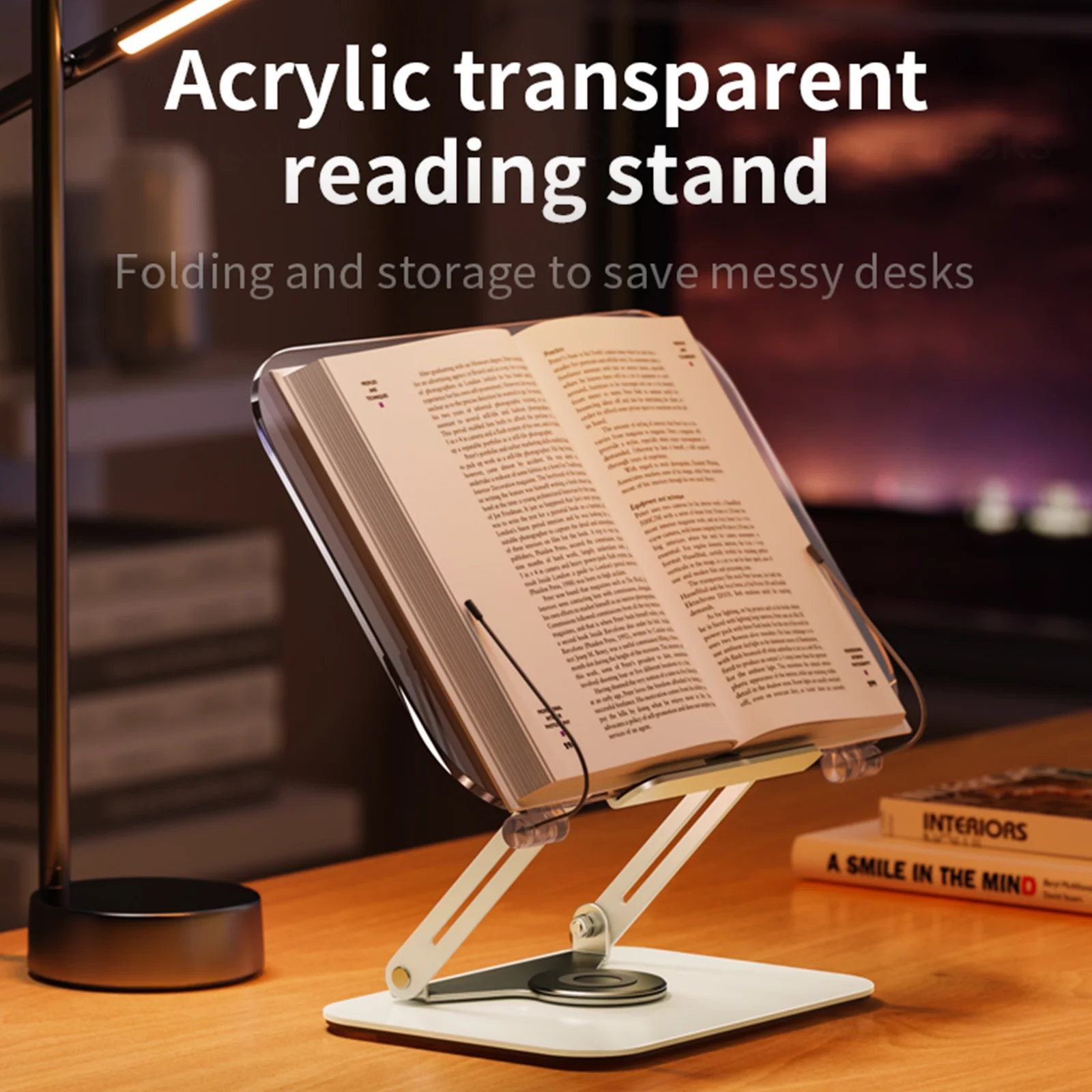 Adjustable Acrylic Book Stand 360° Rotatable Aluminum Alloy Reading Holder Height Angle Foldable Desk Book Support for Thick