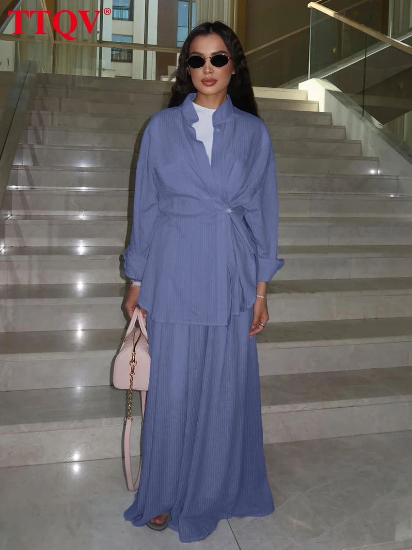 TTQV Fashion Loose Blue 2 Piece Sets Women 2027 Autumn Winter Long Sleeve Shirt With High Waist Maxi Skirt Set Female Clothing