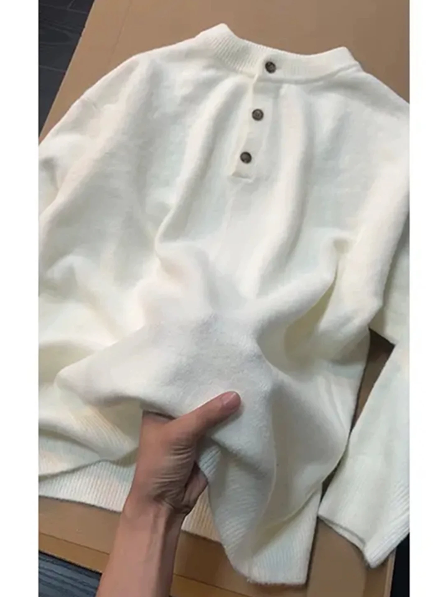 

Мужской утепленный зимний вязаный свитер с воротником хенли, мягкий, удобный, свободного кроя, повседневный, в стиле ретро, модный, для ношения в качестве базового слоя