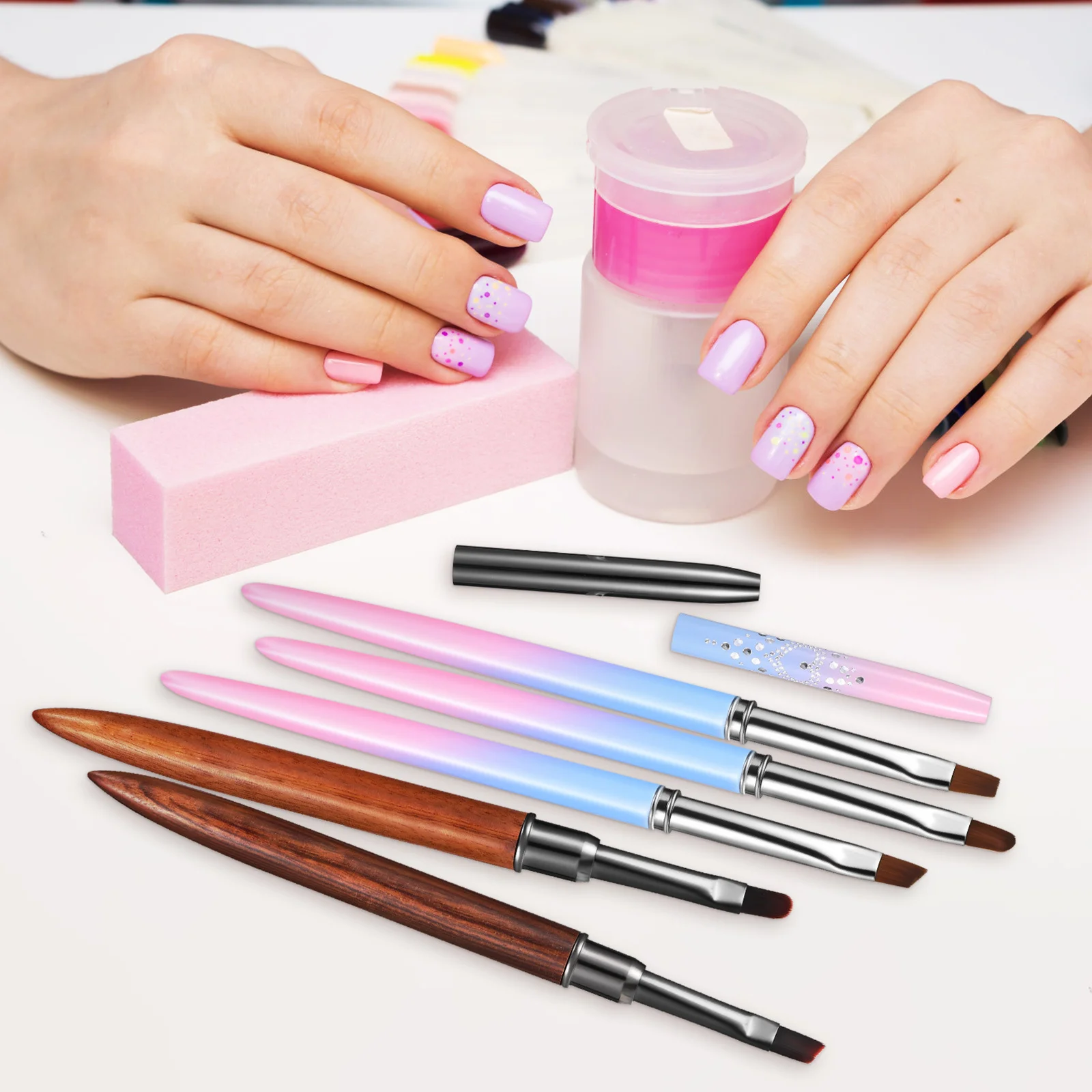 

5pcs Nail Art Brush Set Flat Round Angled Head Soft Bristle Wood Handle Lightweight Easy Grip For Cleaning Polish Diy Manicure