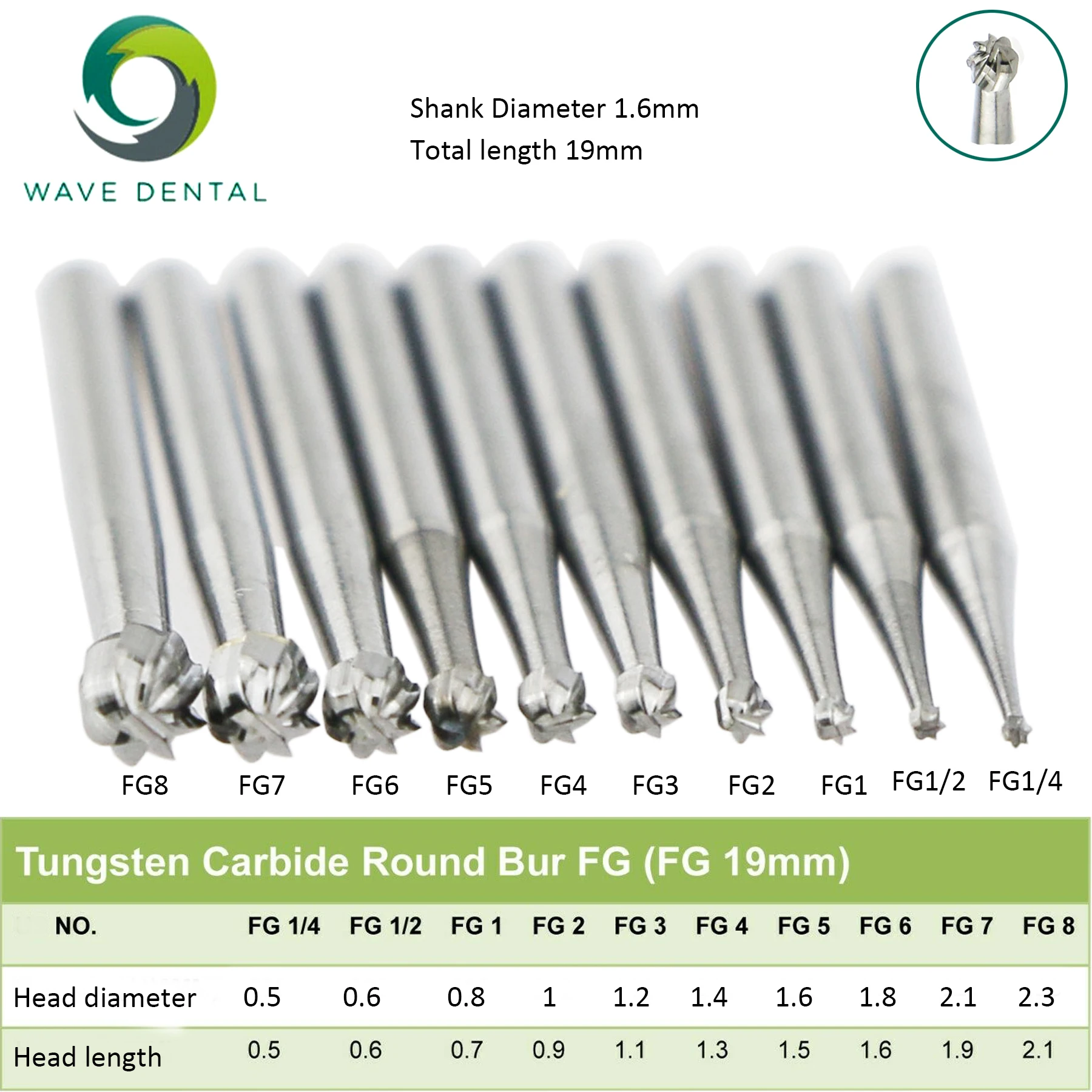 FG Burs Wave Dental for High Speed Handpieces Round strawberries Tungsten Carbide Bur 19mm PRIMA 5pcs