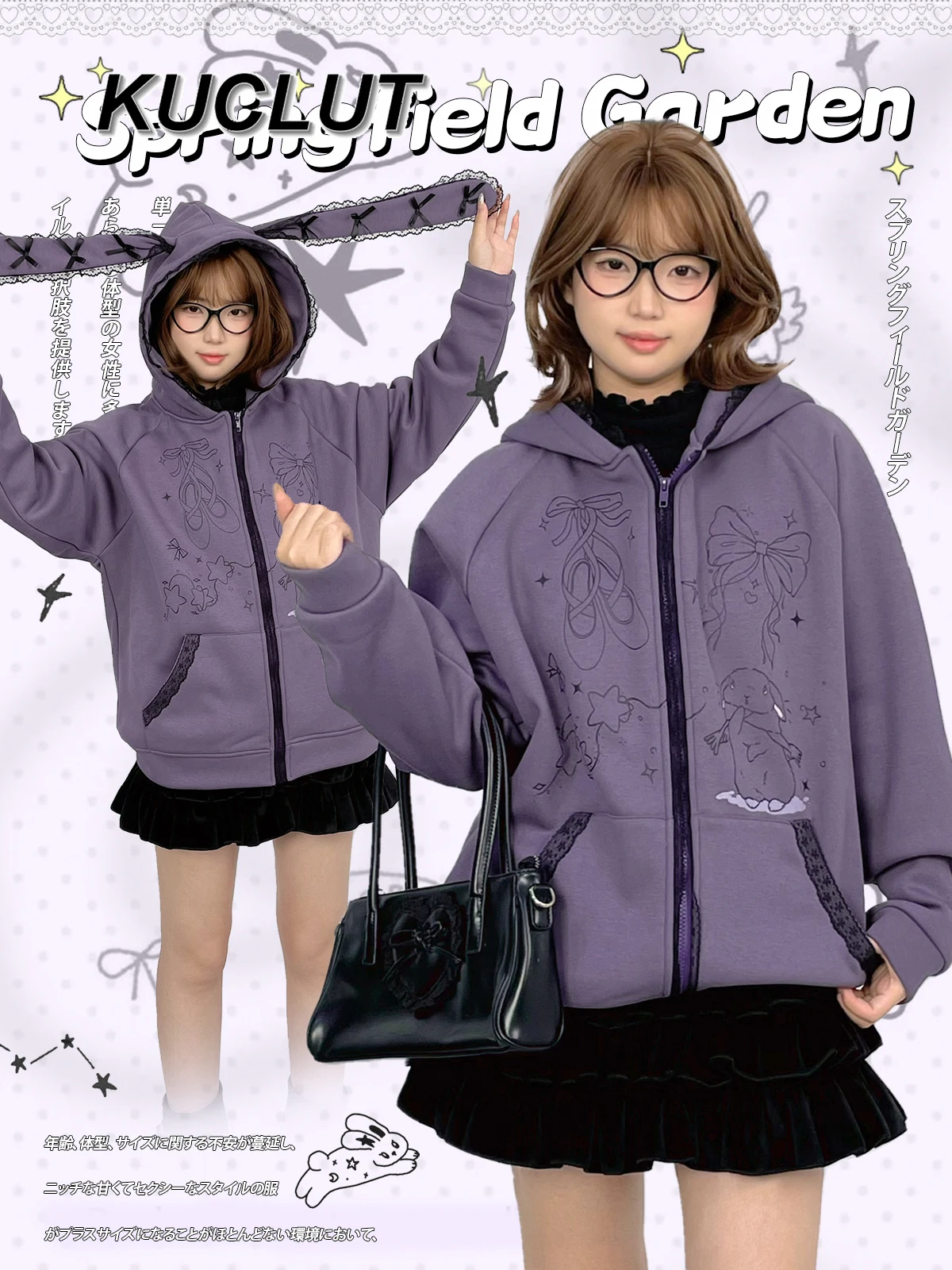 

Autumn Winter Sweatshirt for Girls with Bunny Ears Women's Thickened Loose Jackets Fleece-lined Sweet and Cute Casual Coats