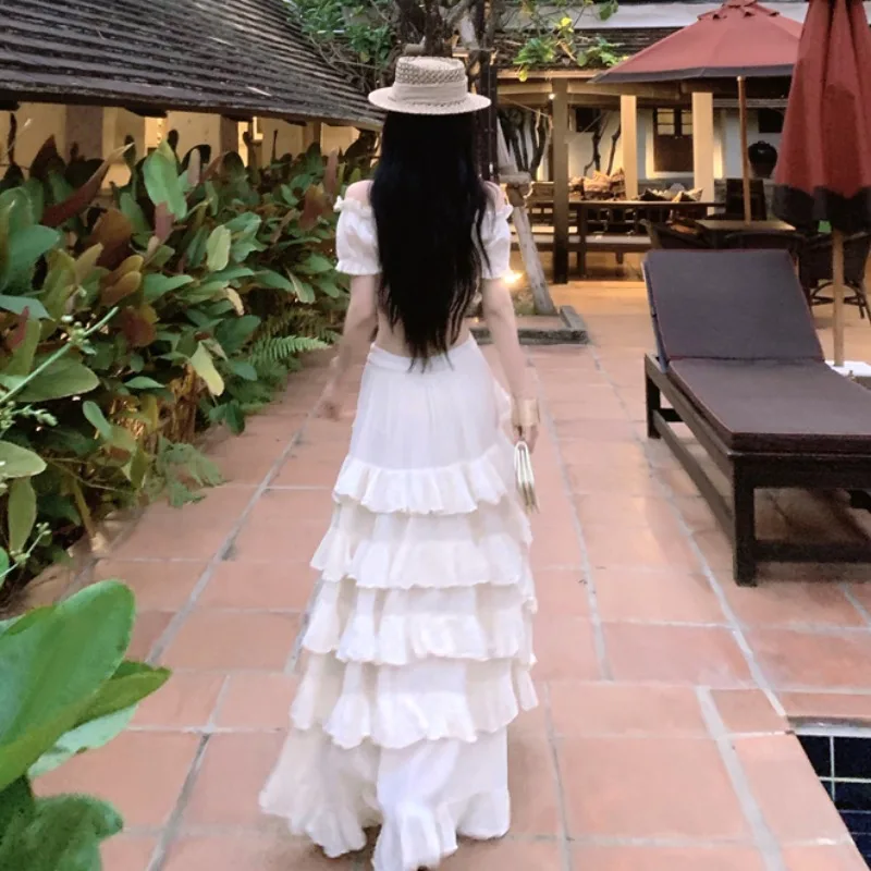 Women Boho 2 Piece Set Off Shoulder Crop Top + Ruffle Tiered Slit Maxi Skirt Summer Beach Vacation Outfit - Image 5