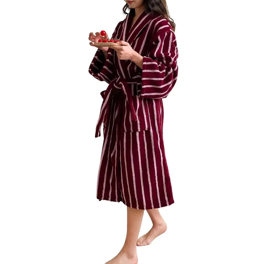 Women Vintage Striped Robe, Cotton Terry Cloth Kimono Long Robe, Soft Ultra Absorbent Spa Couples Bathrobe House Coat